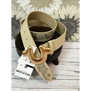 True Religion Womens Tan Embroidered Horseshoe Logo Buckle Belt Gold Tone S/M